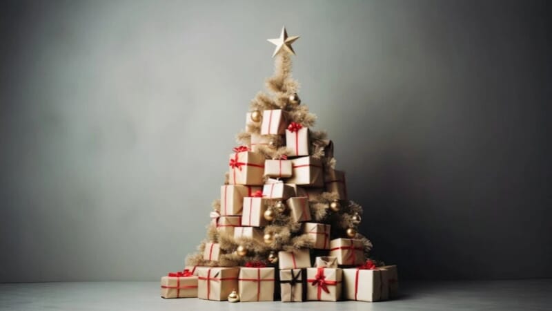 A Christmas tree made from gift boxes.