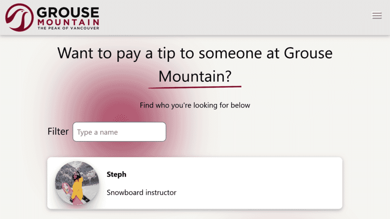 Grouse Mountain tippl page replete with custom branding