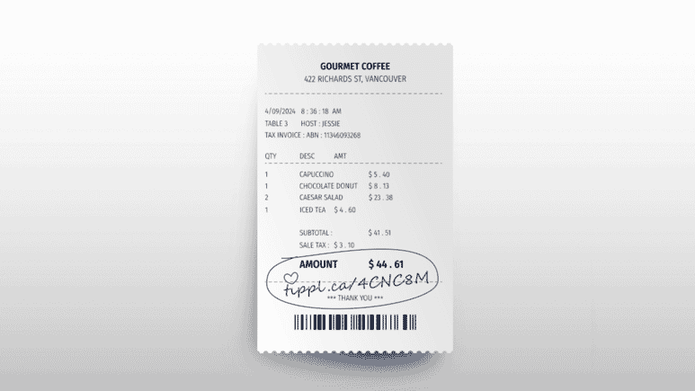 A receipt from a coffee shop with a hand written link to the tippl page of a waitress