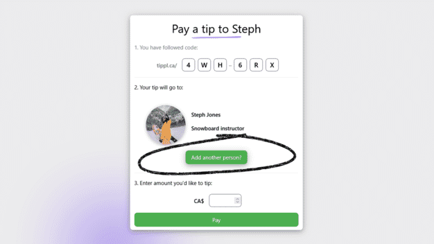 A screenshot of the tip payment page with the button to add another person circled