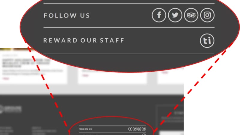 Screenshot with inset showing detail of a 'Reward our staff' web link shown in the footer of a website, alongside the conventional social media links