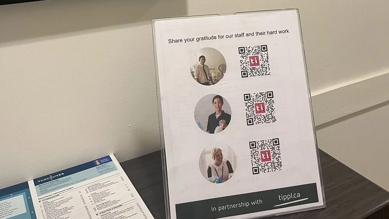A sign listing which staff service a floor in a hotel, with photo's of each staff member, and QR codes linking directly their own company branded tipping web page
