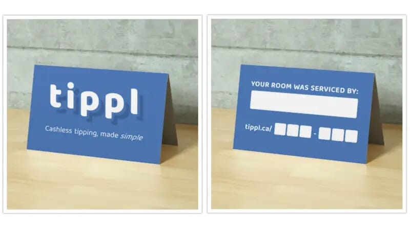 A name card perfect for use in a hotel room to let the guest know who serviced their room and how they can leave the housekeeper a cashless tip