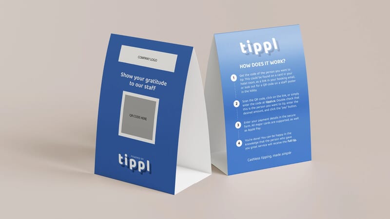 A tent card suitable for use in a hotel to explain how to use a cashless tipping service