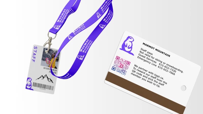 A staff ID card with a tippl QR code; when the user scans the QR code they are taken to a payment page where they can pay the staff member a cashless tip