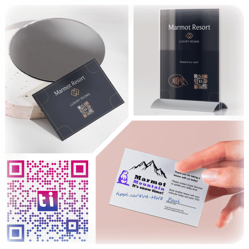A collage of examples showing different places that a tippl code could be found - on a business card, a desk stand, or a QR code