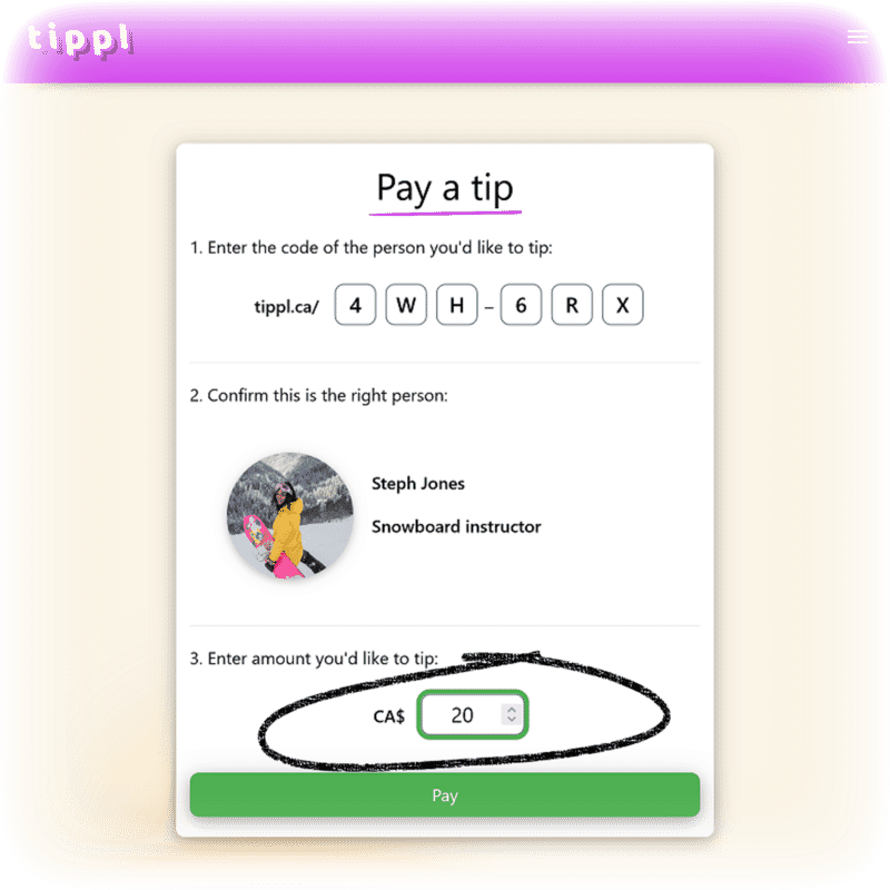 The tippl form that lets you select how much to tip