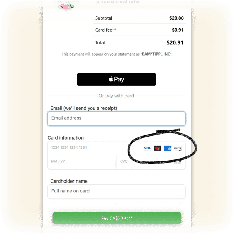 The tippl payment form where you can enter your credit card details, or pay with Apple Pay