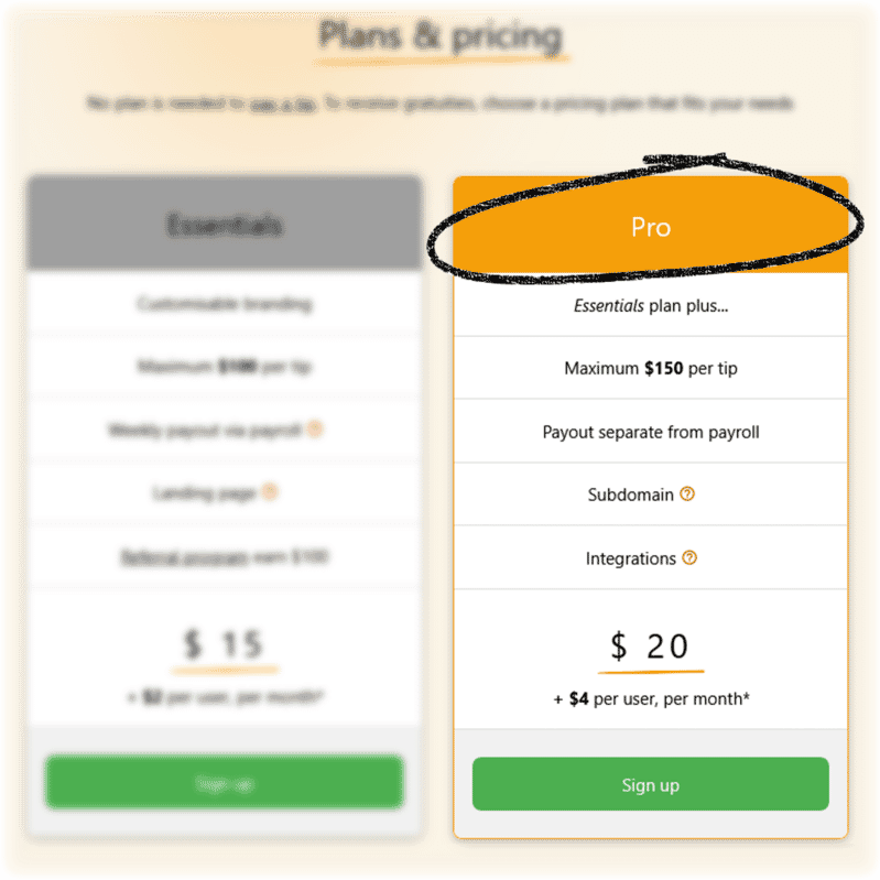 Screen shot showing different pricing plans