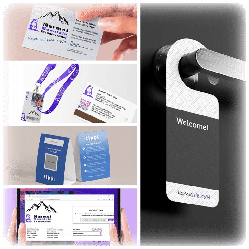 A collage showing different ways of sharing a tippl payment link: a business card or voucher, a QR code on a staff pass, tent cards, a link on your website, or even a door hanger in a hotel